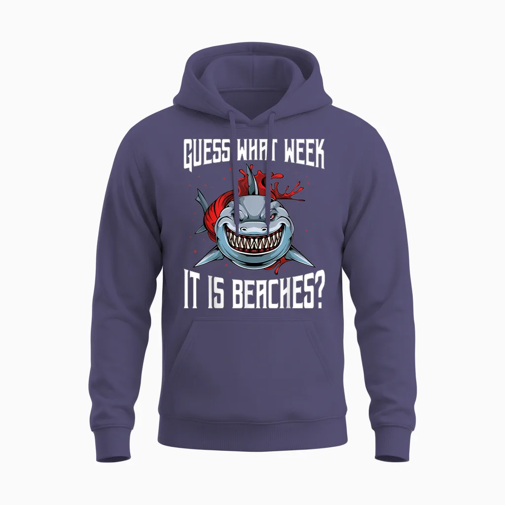 Funny Shark Joke Guess What Week It Is Sarcastic Party Beach Unisex Hoodie in Heather Sport Dark Navy