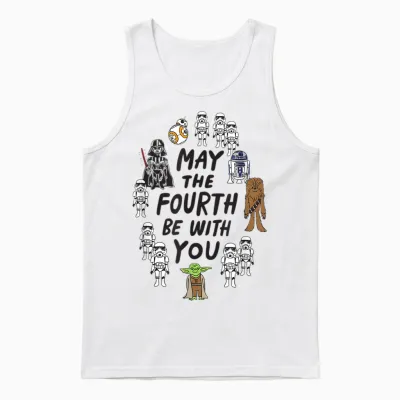 Amazon Essentials Boys' May the Fourth Be with You Doodle Characters T-Shirt, White, Small Unisex Tank Top - White