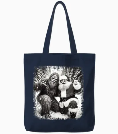Santa with Bigfoot Christmas Lights Funny Sasquatch Believe Tote Bags - Navy