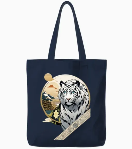 White Mountain Tiger Add Custom Text Tote Bags in Navy