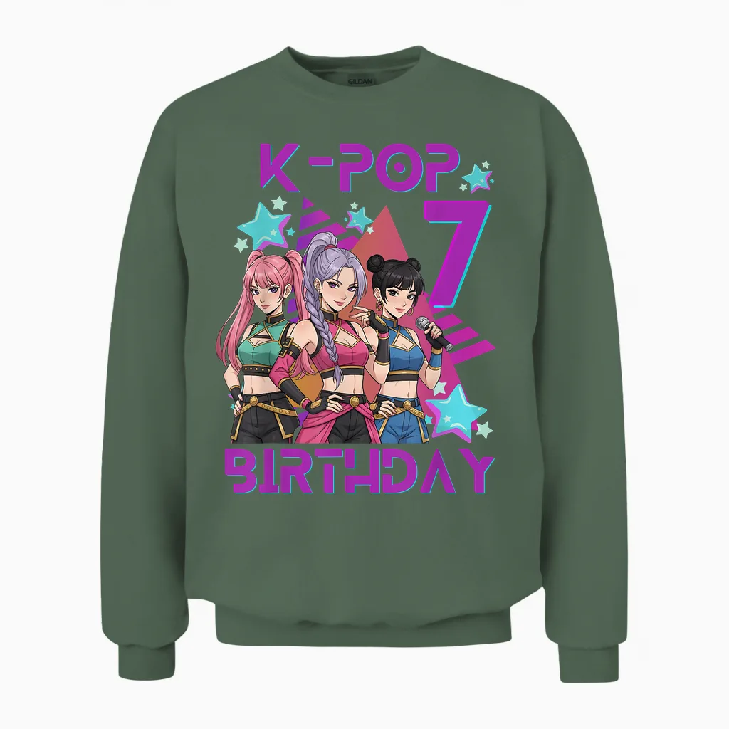K-Pop K-Pop 7th Birthday Girl 7 Years Unisex Sweatshirt in Military Green