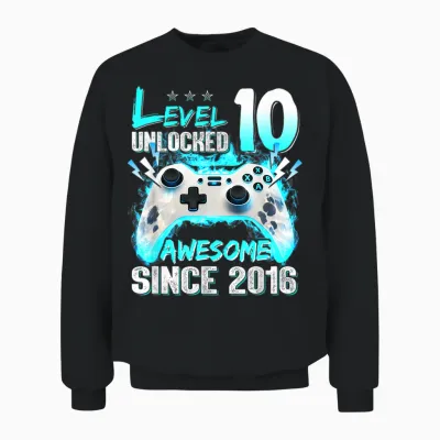 Niveau 10 Débloqué 10e Anniversaire 10 Ans Garçon Vidéo Gamer Unisex Sweatshirt - Black