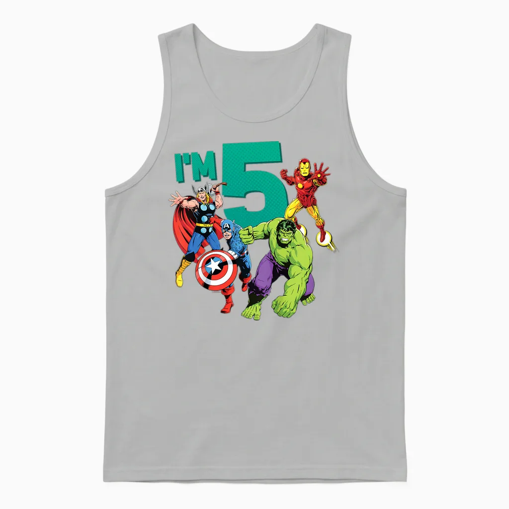 Kids Marvel Avengers Cute 5th Birthday I'm 5 T-Shirt, Black Unisex Tank Top in Ash