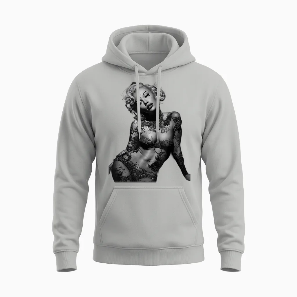 Retro Pinup Sexy Tattoo Girl T-Shirt, Black Unisex Hoodie in Ash