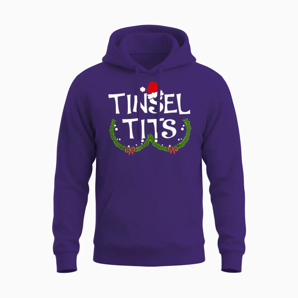 Funny Tinsel Tits Matching Jingle Balls Christmas Couples Unisex Hoodie in Purple