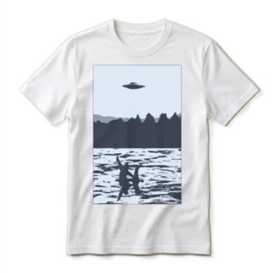 Ufo Over Bigfoot Riding on Nessie Lochness Monster Unisex T-Shirt - White