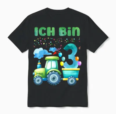 Children's T-Shirt with German Text "ich Bin 3 Jahre Alt Tractor" [german Language], Black Unisex T-Shirt - Black