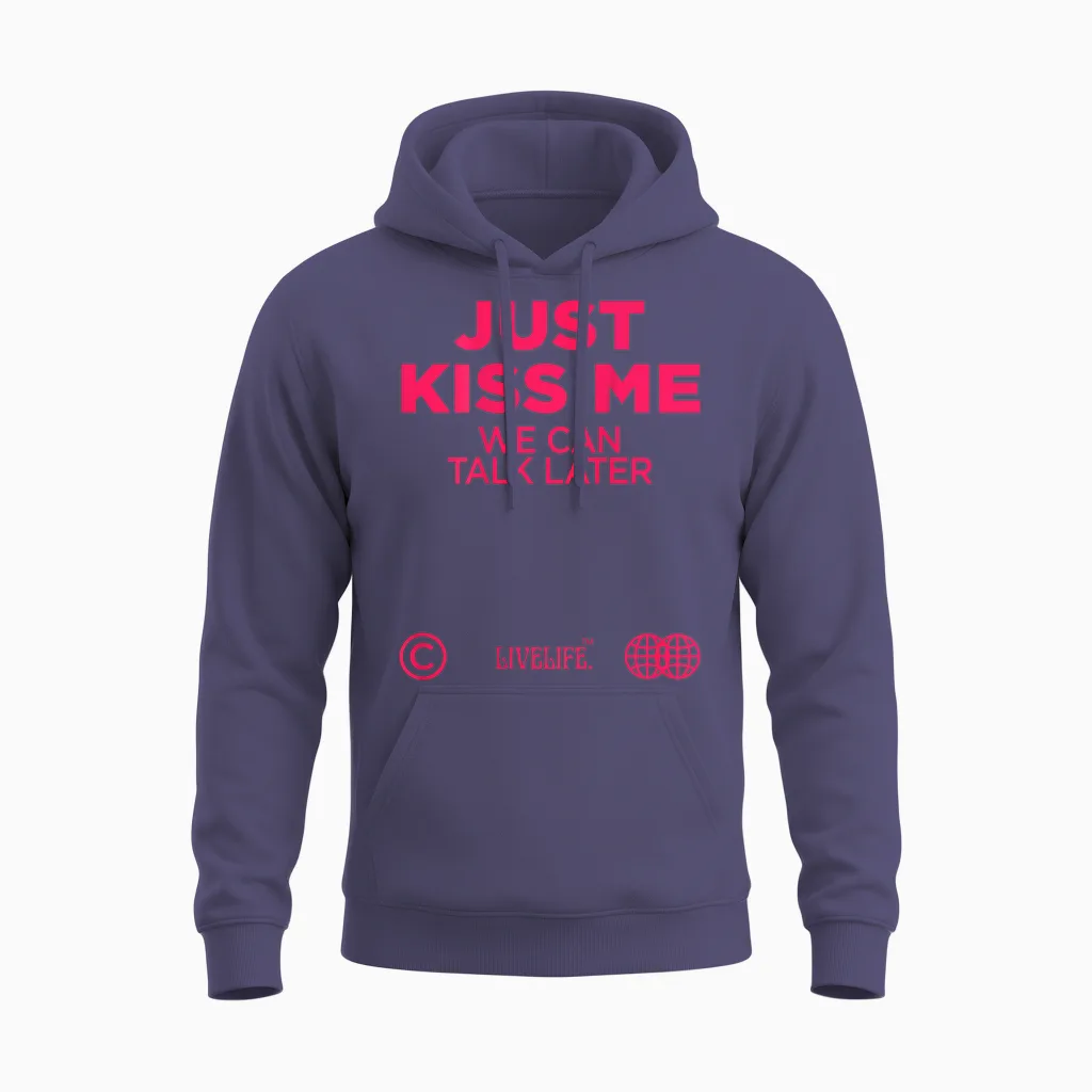 Just Kiss Me We Can Talk Later Love Valentine's Day Backprint T-Shirt, White Unisex Hoodie in Heather Sport Dark Navy