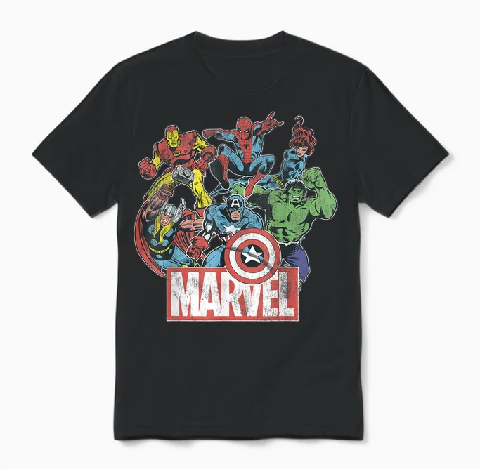 Marvel Avengers Team Retro Comic Vintage Graphic T-Shirt Small Unisex T-Shirt in Black