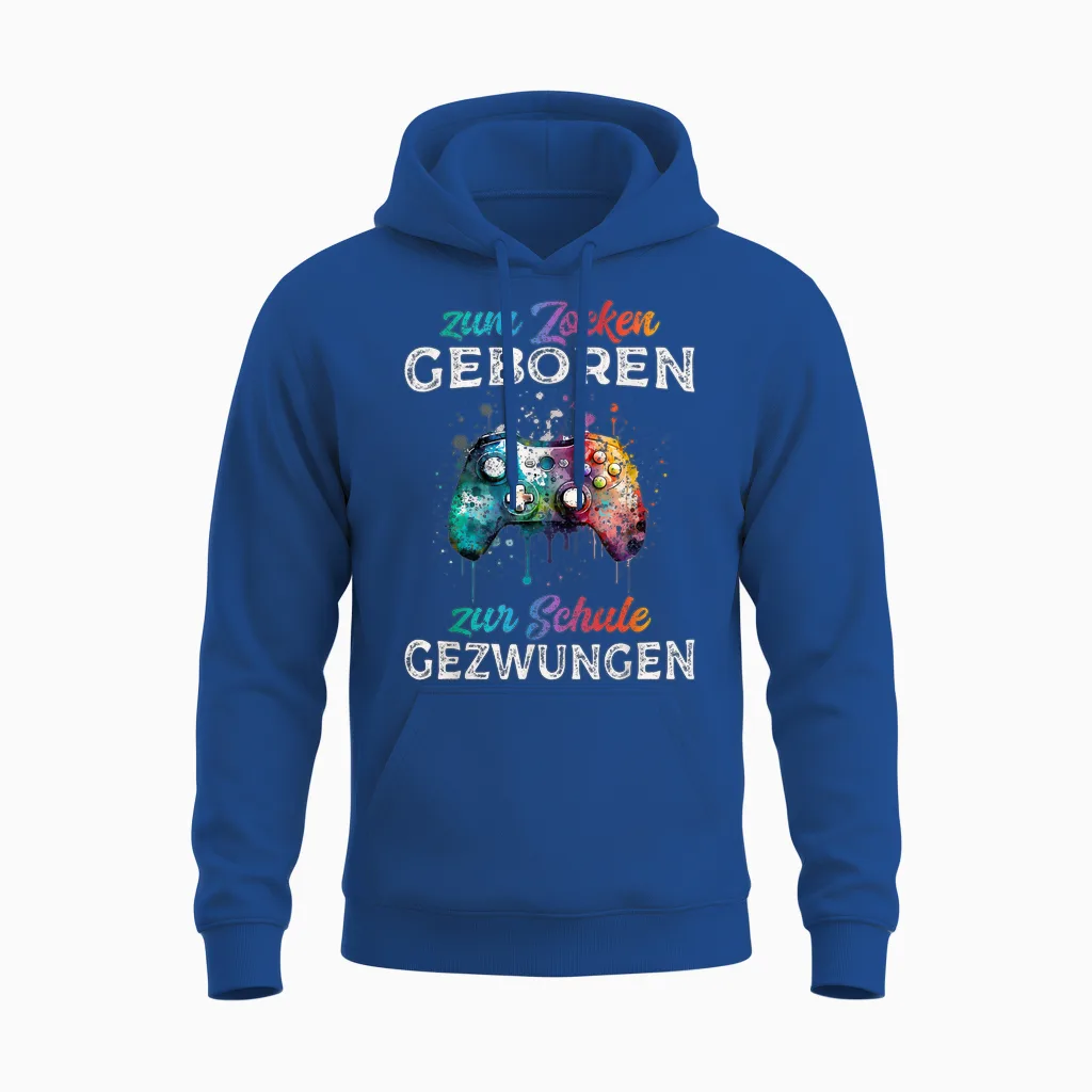 Zum Zocken Geboren Zur Schule Gezwungen Funny Gamer T-Shirt, Black Unisex Hoodie in Royal