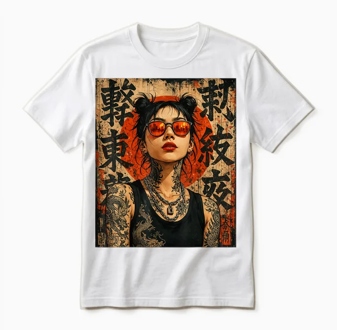 Anime Kawaii Japanese Samurai Geisha Tattoo K-Pop Y2k Manga Unisex T-Shirt in White
