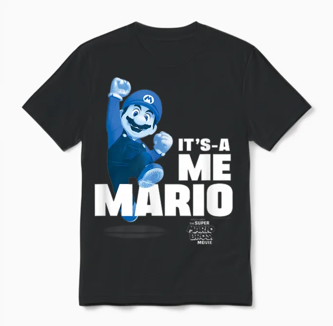 The Super Mario Bros. Movie It's-A Me Mario Portrait T-Shirt, Blue Unisex T-Shirt in Black