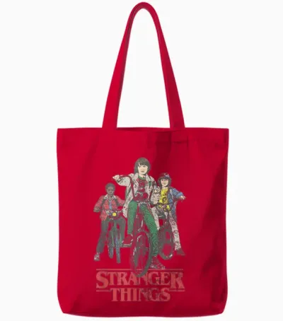 Stranger Things Hawkins Bike Riders T-Shirt, White, S Tote Bags - Red