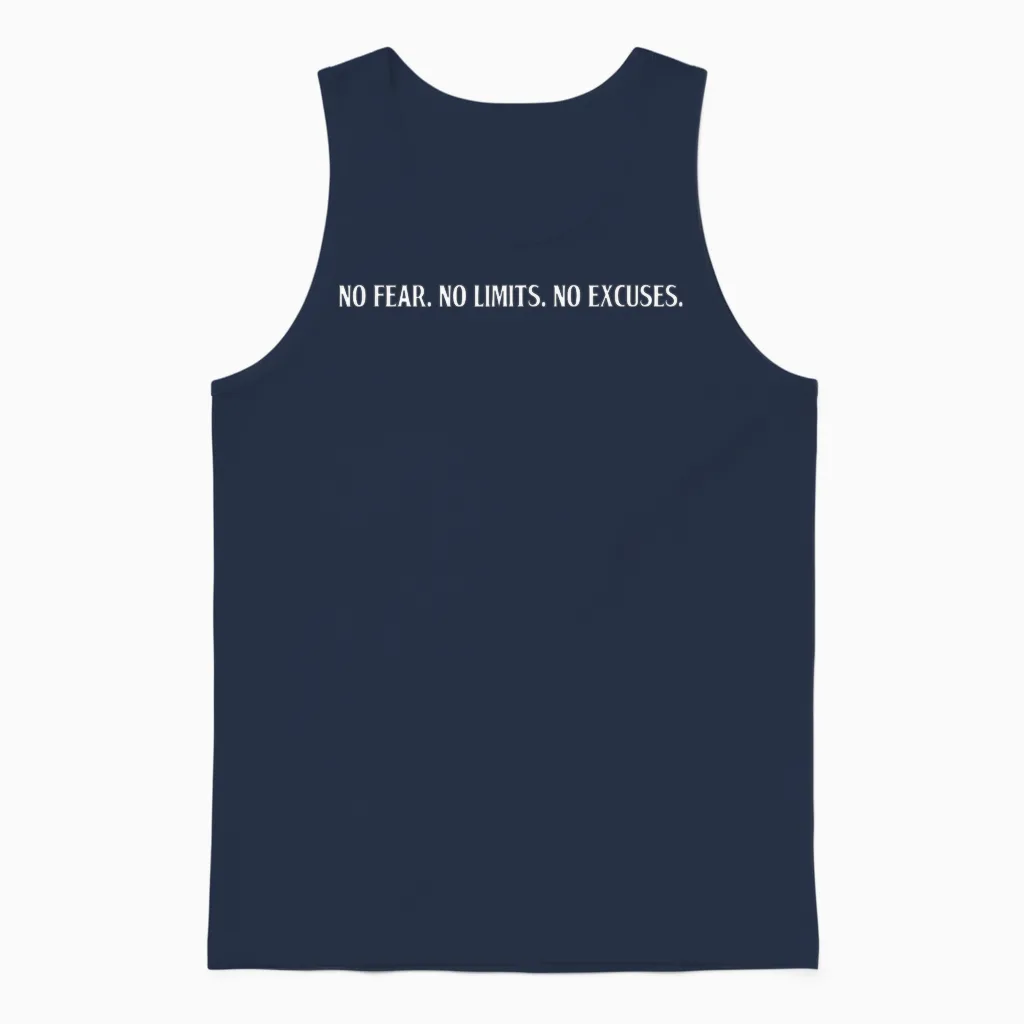 No Fear No Limits No Excuses Motivation Motivation T-Shirt, Black Unisex Tank Top in Navy