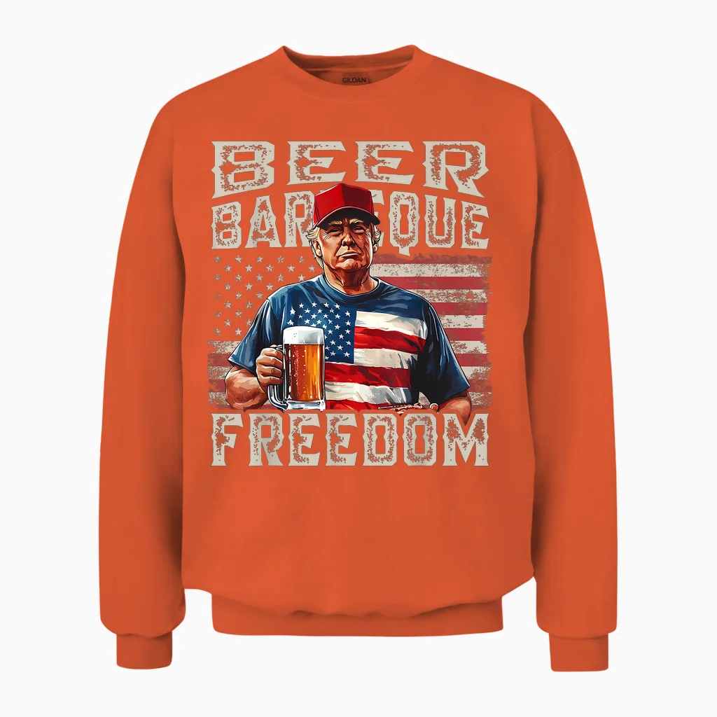 Fourth of July Trump Bbq Beer and Freedom Red White Blue Unisex Sweatshirt in Orange