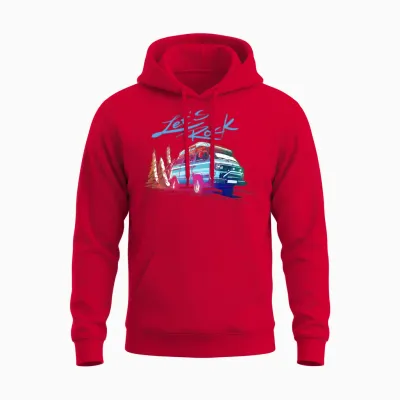 Volkswagen Vw Bulli with Let's Rock Lettering Unisex Hoodie - Red