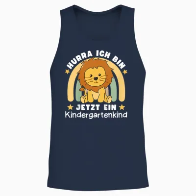 Children's T-Shirt with German Text "hurra Ich Bin Jetzt Ein Kindergartenkind Löwe", Black Unisex Tank Top - Navy