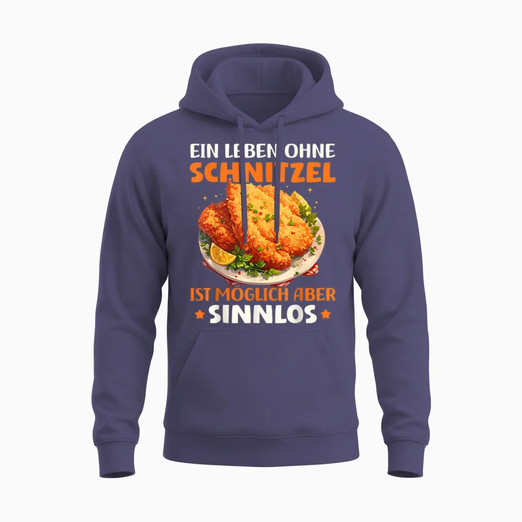 T-Shirt with German Text "ein Leben Ohne Schnitzel Ist Sinnlos I Love Schnitzel", Black Unisex Hoodie in Heather Sport Dark Navy