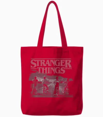Stranger Things Poster Bike Scene T-Shirt, Blue, S Tote Bags - Red