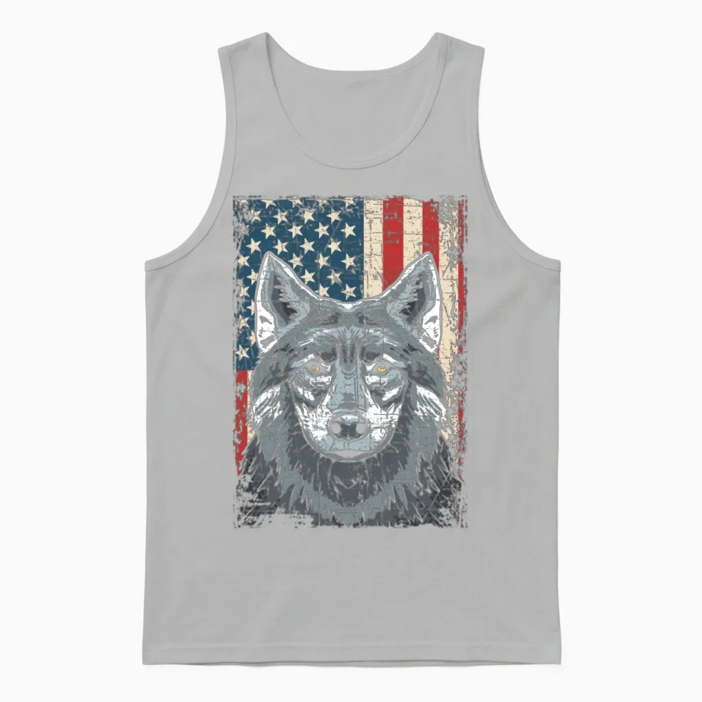 Wolf 4th of July American Flag Howling Wolves Unisex Tank Top in Ash