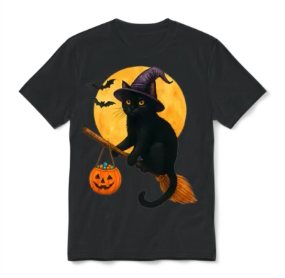 Cat Witch Hat Pumpkin Halloween Unisex T-Shirt - Black