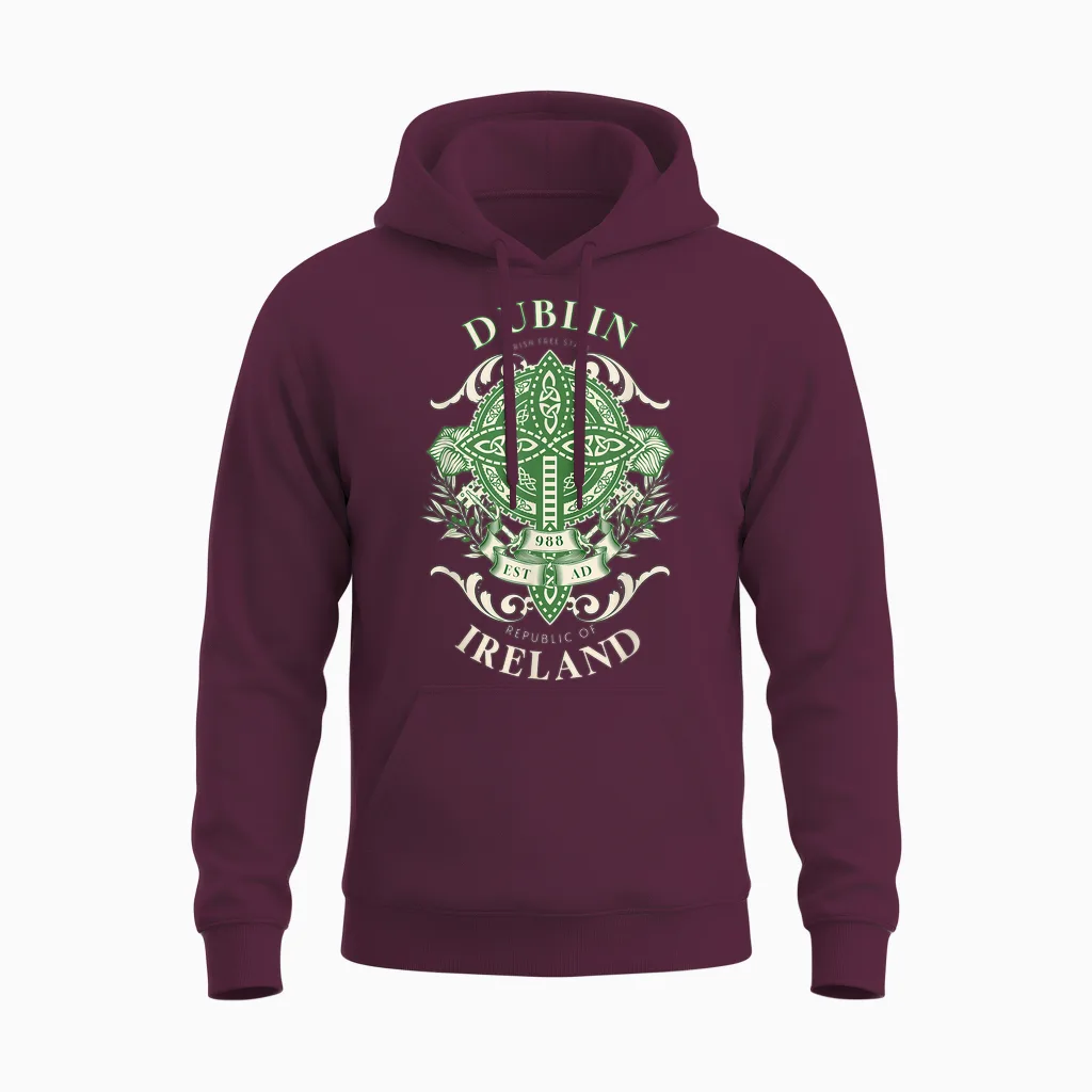 Dublin Ireland Celtic Cross Ancestry Irish Heritage Unisex Hoodie in Maroon