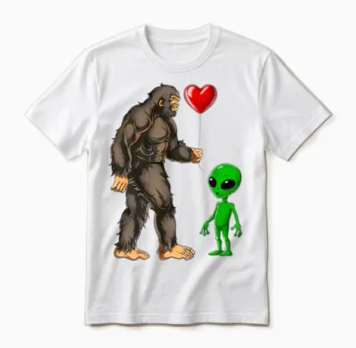Cute Bigfoot Alien Love Sasquatch Heart Valentine Unisex T-Shirt - White