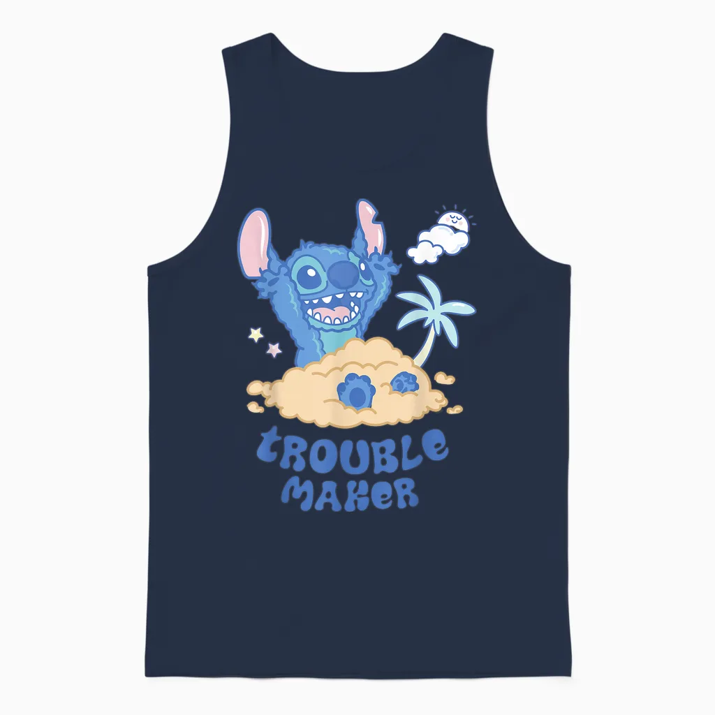 Disney Stitch Fluffy Summer Beach Sand Pile "trouble Maker" Unisex Tank Top in Navy