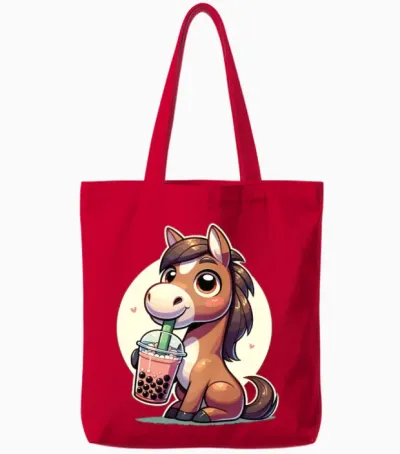 Kawaii Horses Bubble Tea Boba Horse Tote Bags - Red