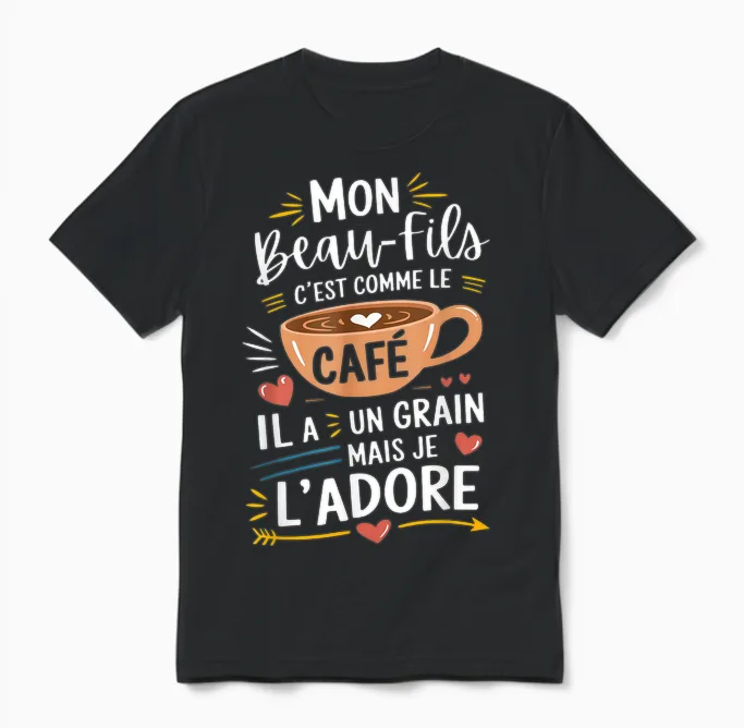 Mon Beau-Fils Comme Le Café – Gift Humour Coffee T-Shirt, Black, S Unisex T-Shirt in Black
