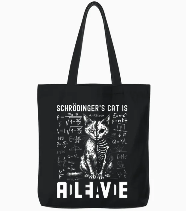 Schrödingers Cat Dead and Alive Physics Teacher T-Shirt, Black, S Tote Bags in Black