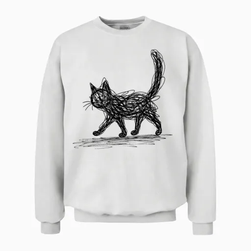 Minimalist Cat, Hand Drawn Kitten Unisex Sweatshirt - White