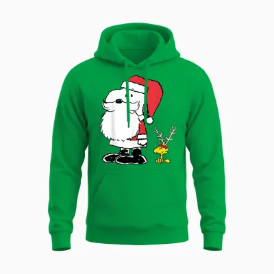 Peanuts Holiday Snoopy Woodstock Antlers Santa Short Sleeve Unisex Hoodie - Irish Green