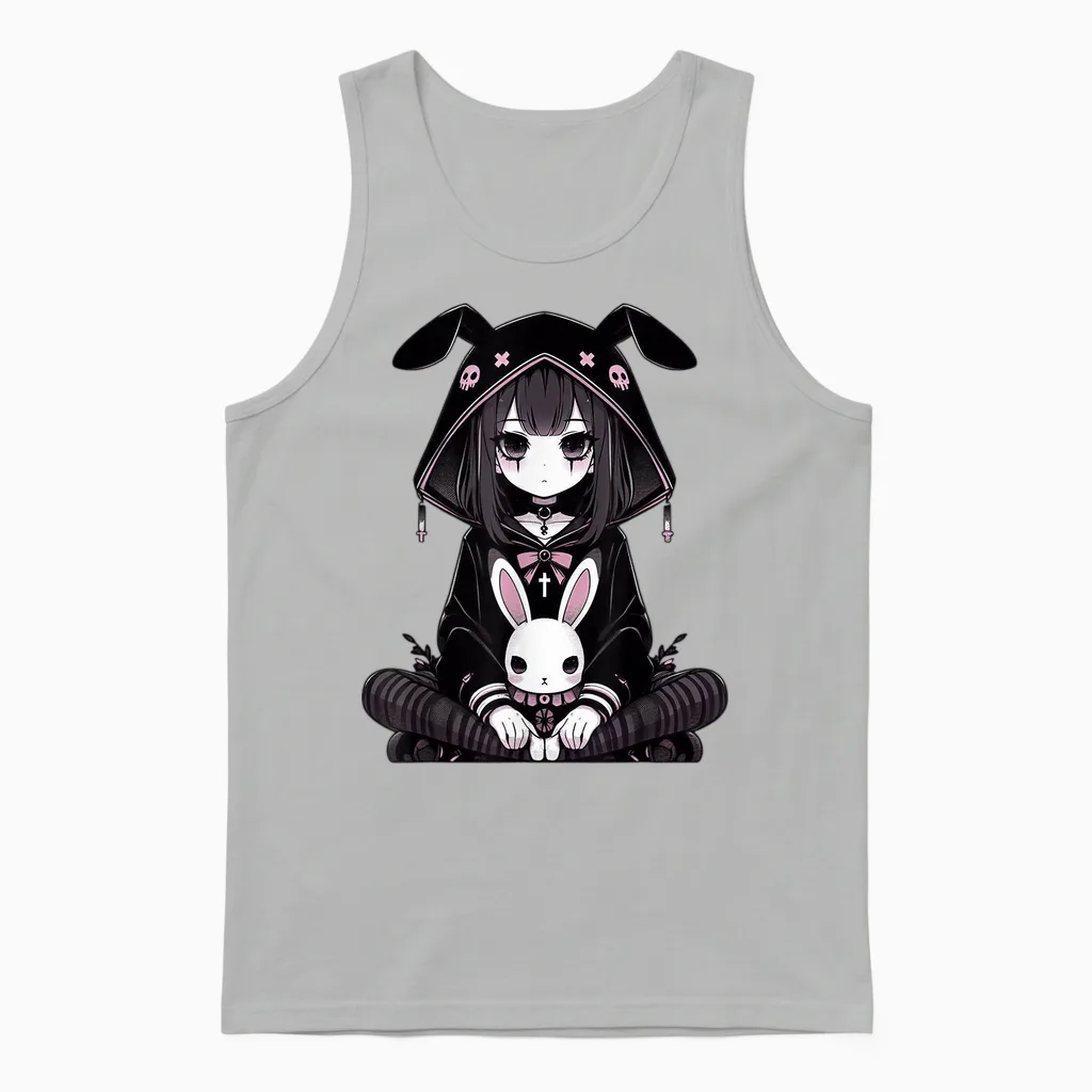 Goth Bunny Anime Girl Kawaii Gothic Creepy Art Japanese T-Shirt, Black, S Unisex Tank Top in Ash