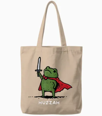 Huzzah Frog Knight Funny Sword Meme Quote Tote Bags - Natural