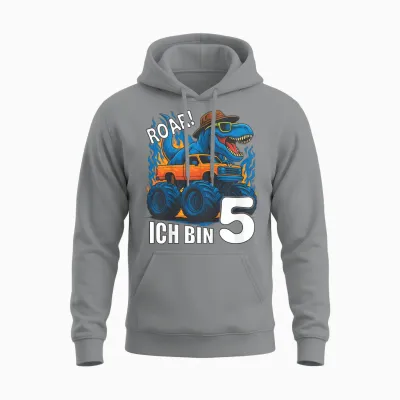 Kinder Dino Ich Bin 5 Dinosaurier Kindergeburtstag Monstertruck Unisex Hoodie - Sport Grey