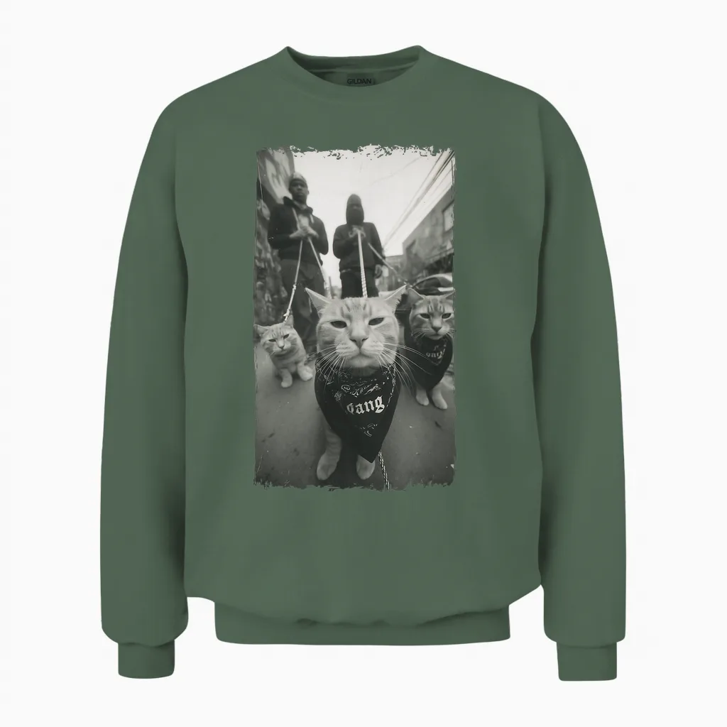 Gangster Cats Streetwear Cool Funny Cat Pattern Unisex Sweatshirt in Military Green