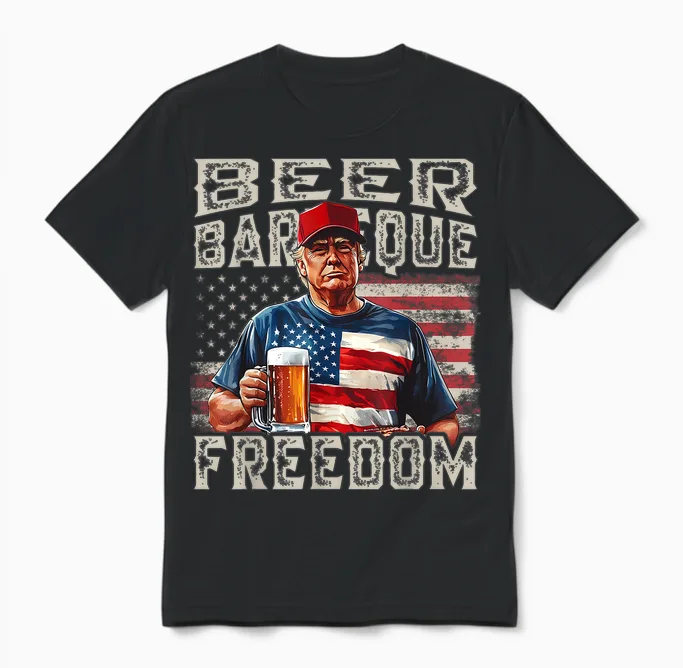 Fourth of July Trump Bbq Beer and Freedom Red White Blue Unisex T-Shirt in Black