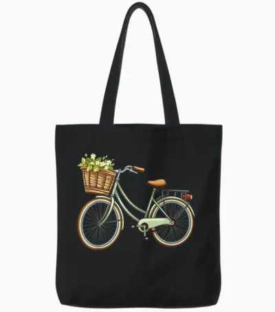 Ein Schöner Retro Fahrrad Mit Dem Blumen Korb Fahrrad Tote Bags - Black