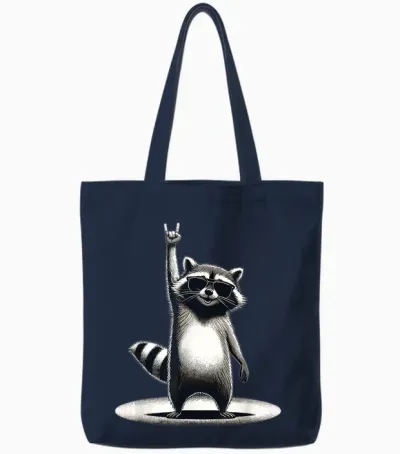 Retro Raccoon Rock Music Gift Men Children Women Funny Raccoon T-Shirt, Black Tote Bags - Navy