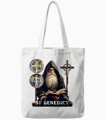 Most Searched St Benedict T-Shirt with Medal Tote Bags - White