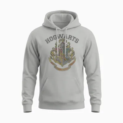 Harry Potter Hogwarts Vintage Crest Short Sleeve Unisex Hoodie - Ash