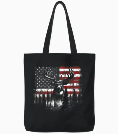 Deer Hunting American Flag Whitetail Buck Antlers Tote Bags - Black