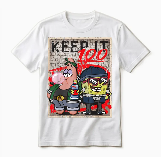 Mademark X Spongebob Squarepants - Spongebob and Patrick Keep It 100 Hip Hop Rap Graffiti Cool Unisex T-Shirt in White