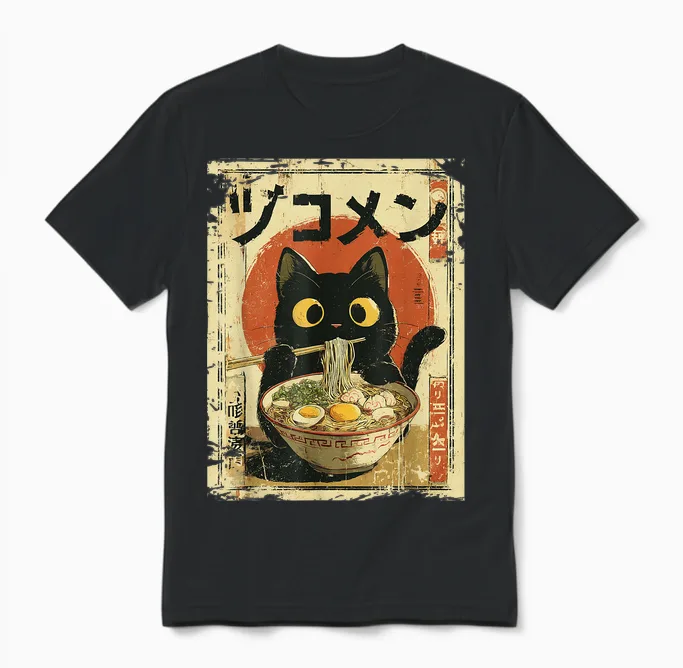 Kawaii Cat Eating Noodles Ramen Funny Vintage Anime Japanese Unisex T-Shirt in Black