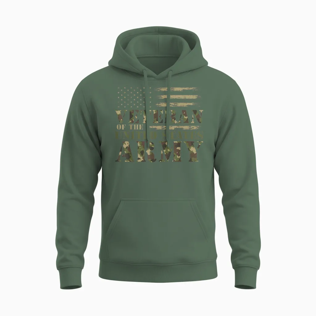 Veteran of the United States Army Camouflage Us Flag Veteran Unisex Hoodie in Military Green