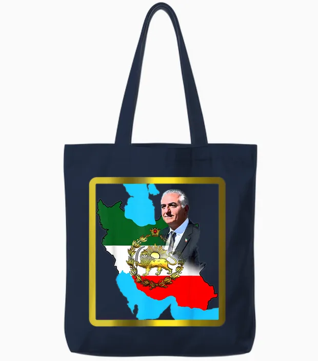 Iran's Flag with Golden Lion and Sun with King Pahlavi T-Shirt, Black Tote Bags in Navy