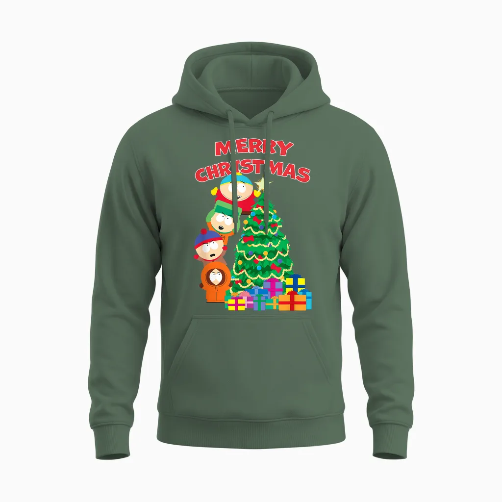 South Park Merry Christmas from Cartman, Kyle, Stan, Kenny Unisex Hoodie in Military Green