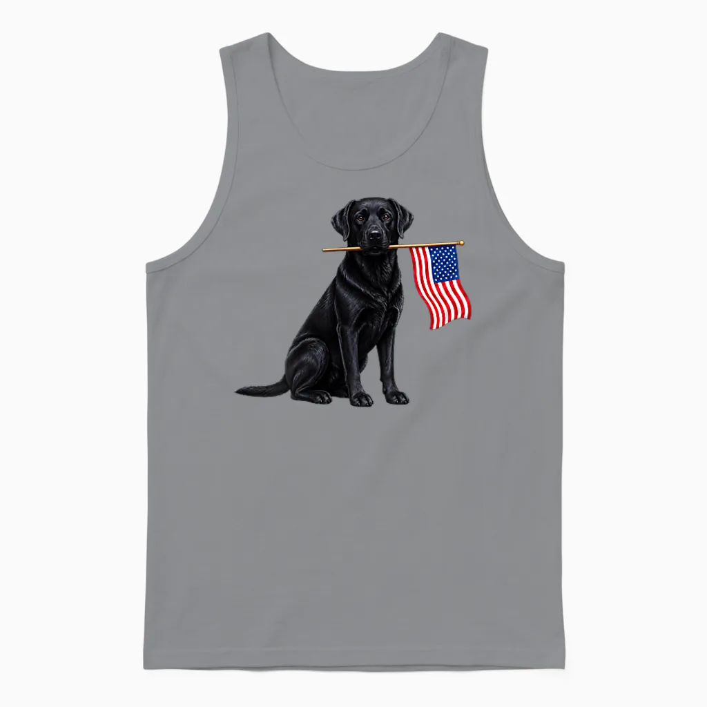 Black Labrador Retriever Holding American Usa Flag 4 of July Unisex Tank Top in Sport Grey