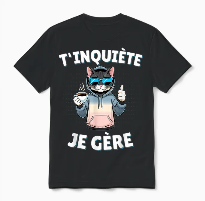 T'inquiète Je Gère – Funny Cat Funny Gift T-Shirt, Black, S Unisex T-Shirt in Black